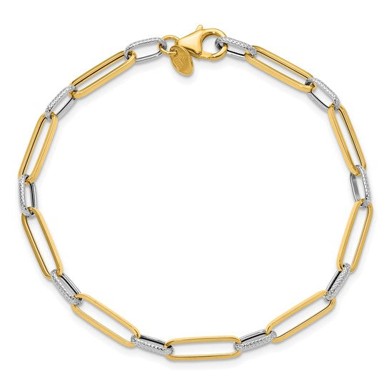 14K with White Rhod Polished/Textured Fancy Link Bracelet