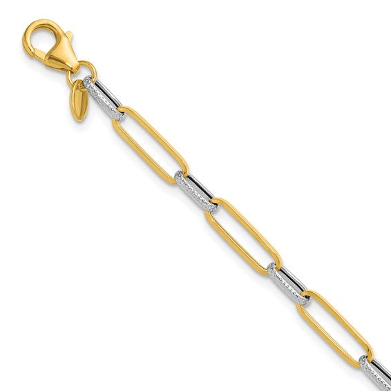 14K with White Rhod Polished/Textured Fancy Link Bracelet