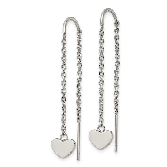 Stainless Steel Polished Threader Heart Dangle Earrings