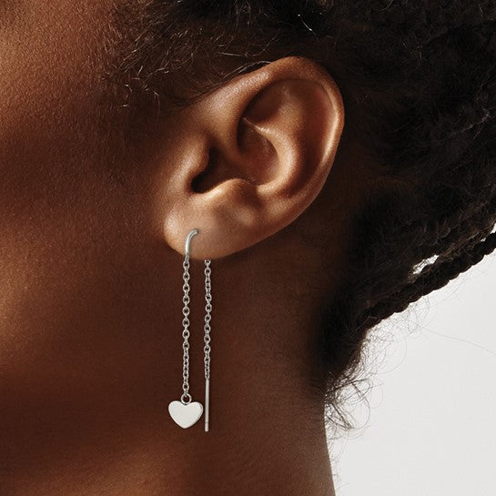 Stainless Steel Polished Threader Heart Dangle Earrings