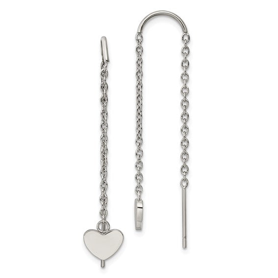 Stainless Steel Polished Threader Heart Dangle Earrings