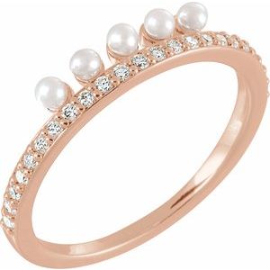 14K Rose Cultured White Freshwater Pearl & 1/5 CTW Natural Diamond Stackable Ring