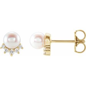 14K Yellow Cultured White Freshwater Cultured Pearl & .08 CTW Natural Diamond Earrings