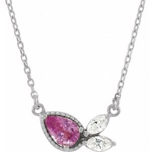 14K White Natural Pink Sapphire & 1/6 CTW Natural Diamond 16" Necklace