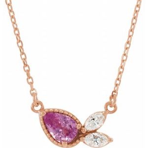 14K Rose Natural Pink Sapphire & 1/6 CTW Natural Diamond 18" Necklace