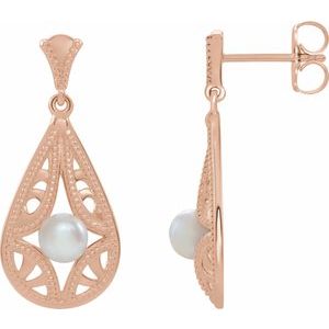 14K Rose Cultured White Freshwater Pearl Vintage-Inspired Earrings