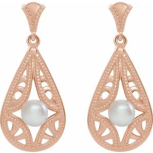 14K Rose Cultured White Freshwater Pearl Vintage-Inspired Earrings