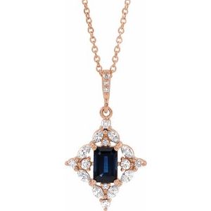 14K Rose Natural Blue Sapphire & 1/3 CTW Natural Diamond 16-18" Necklace