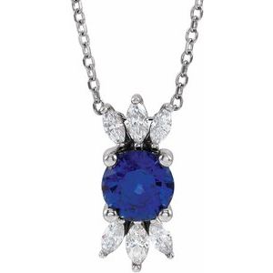 14K White Natural Blue Sapphire & 1/5 CTW Natural Diamond 16-18" Necklace