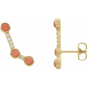 14K Yellow Natural Pink Coral & .08 CTW Natural Diamond Ear Climbers