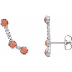 14K White Natural Pink Coral & .01 CTW Natural Diamond Ear Climbers