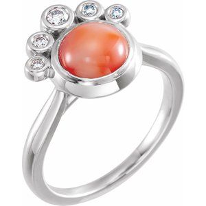 14K White Natural Pink Coral & 1/8 CTW Natural Diamond Ring
