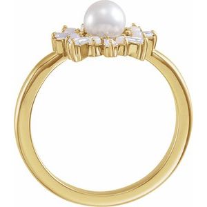 14K Yellow Cultured White Akoya Pearl, Natural White Opal & 1/4 CTW Natural Diamond