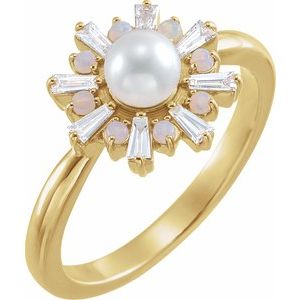 14K Yellow Cultured White Akoya Pearl, Natural White Opal & 1/4 CTW Natural Diamond
