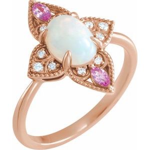 14K Rose Natural Ethiopian Opal, Natural Pink Sapphire & .05 CTW Natural Diamond Ring