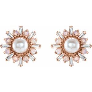 14K Rose Cultured White Akoya Pearl, Natural White Opal & 1/6 CTW Natural Diamond Earrings