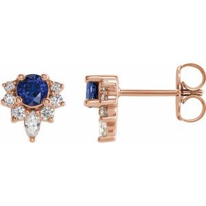 14K Rose Natural Blue Sapphire & 1/6 CTW Natural Diamond Earrings