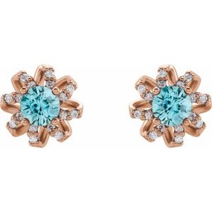 14K Rose Natural Blue Zircon & 1/6 CTW Natural Diamond Halo-Style Earrings