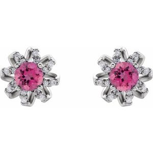 14K White Natural Pink Tourmaline & 1/6 CTW Natural Diamond Halo-Style Earrings