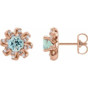 14K Rose Natural Aquamarine & 1/6 CTW Natural Diamond Halo-Style Earrings