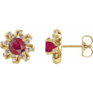 14K Yellow Lab-Grown Ruby & 1/6 CTW Natural Diamond Halo-Style Earrings