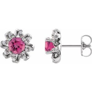 14K White Natural Pink Tourmaline & 1/6 CTW Natural Diamond Halo-Style Earrings