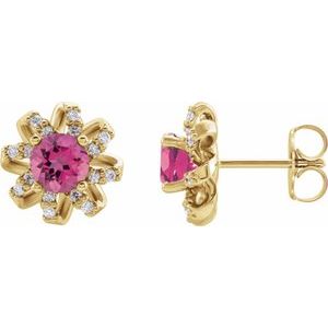 14K Yellow Natural Pink Tourmaline & 1/6 CTW Natural Diamond Halo-Style Earrings