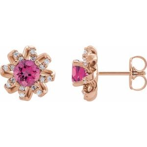 14K Rose Natural Pink Tourmaline & 1/6 CTW Natural Diamond Halo-Style Earrings