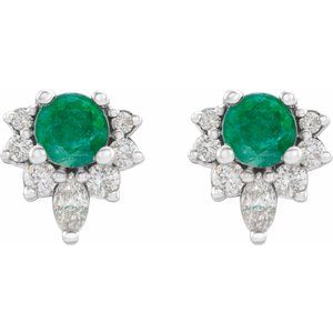 14K White Lab-Grown Emerald & 1/6 CTW Natural Diamond Earrings