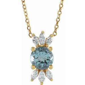 14K Yellow Natural Aquamarine & 1/5 CTW Natural Diamond 16-18" Necklace