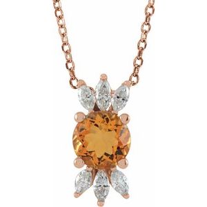 14K Rose Natural Citrine & 1/5 CTW Natural Diamond 16-18" Necklace