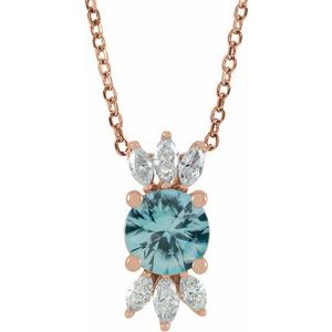 14K Rose Natural Blue Zircon & 1/5 CTW Natural Diamond 16-18" Necklace