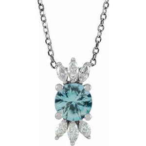 14K White Natural Blue Zircon & 1/5 CTW Natural Diamond 16-18" Necklace