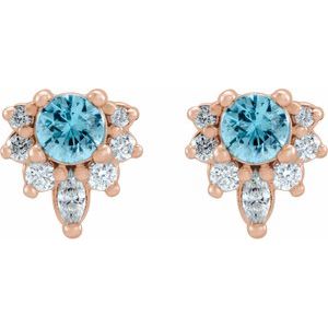 14K Rose Natural Blue Zircon & 1/6 CTW Natural Diamond Earrings