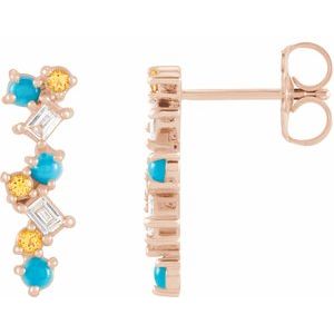 14K Rose Natural Turquoise, Natural Honey Topaz & 1/10 CTW Natural Diamond Scattered Bar Earrings