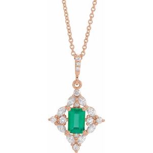 14K Rose Natural Emerald & 1/3 CTW Natural Diamond 16-18" Necklace