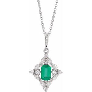 14K White Natural Emerald & 1/3 CTW Natural Diamond 16-18" Necklace
