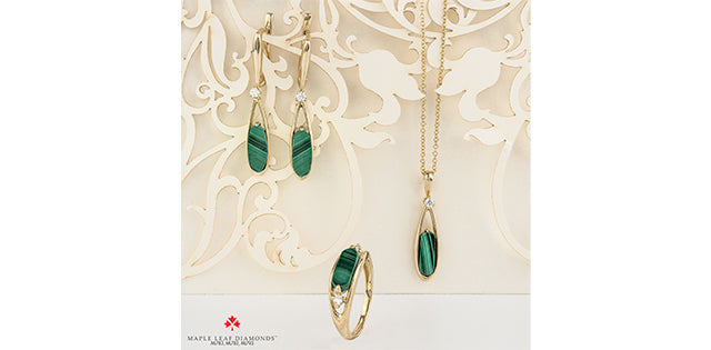 Malachite & diamonds 10KT Yellow Gold Leverback Earrings - Bijouterie Classique