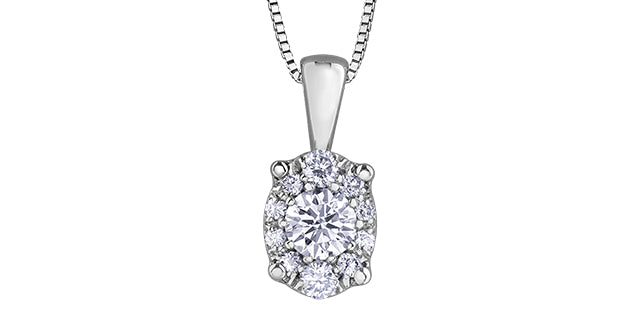 Oval Diamond Necklace with Halo 10KWhite Gold with 18inch Box Chain - Bijouterie Classique