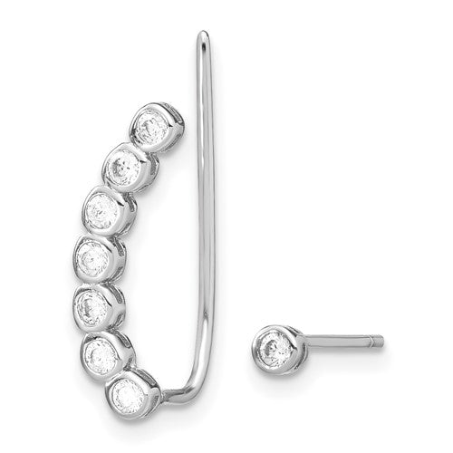 Sterling Silver Rhodium-plated CZ 1 Ear Climber and 1 Stud Earring - Bijouterie Classique