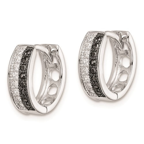 Sterling Silver RH-plated White and Black CZ Hinged Hoop Earrings