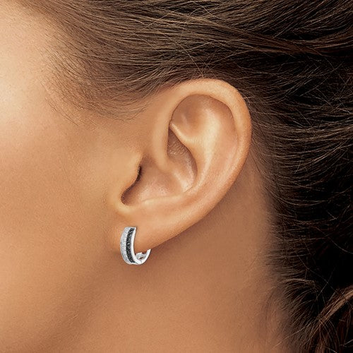Sterling Silver RH-plated White and Black CZ Hinged Hoop Earrings