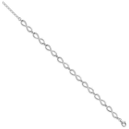 Sterling Silver Rhod-plated CZ Infinity Link with 1in ext. Bracelet