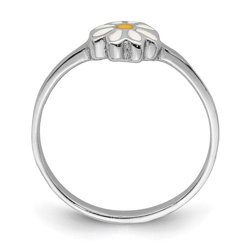 Sterling Silver RH Plated Child's White and Yellow Enamel Daisy Ring - Bijouterie Classique