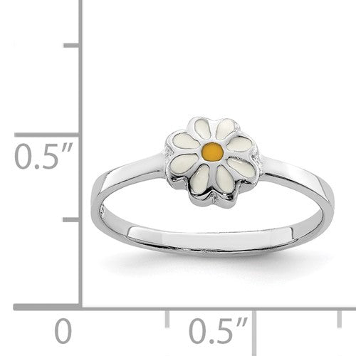 Sterling Silver RH Plated Child's White and Yellow Enamel Daisy Ring - Bijouterie Classique