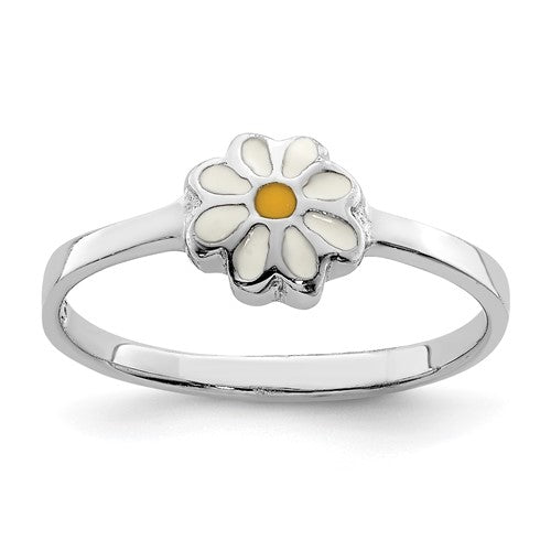 Sterling Silver RH Plated Child's White and Yellow Enamel Daisy Ring - Bijouterie Classique