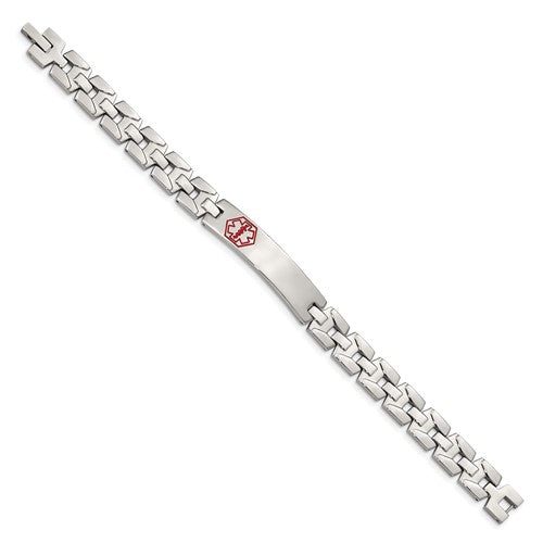 Stainless Steel Brushed and Polished with Red Enamel Medical ID 8 inch Link Bracelet