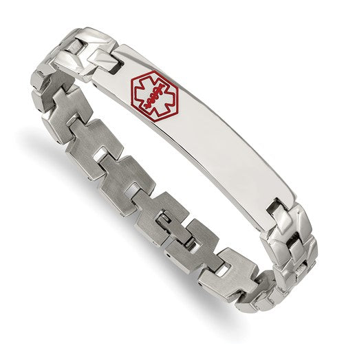 Stainless Steel Brushed and Polished with Red Enamel Medical ID 8 inch Link Bracelet