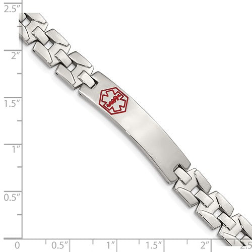 Stainless Steel Brushed and Polished with Red Enamel Medical ID 8 inch Link Bracelet