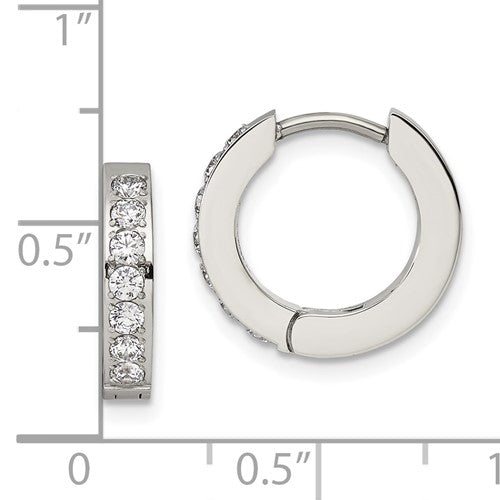 Stainless Steel Polished with 1 Row of CZ 2.3mm Hinged Hoop Earrings